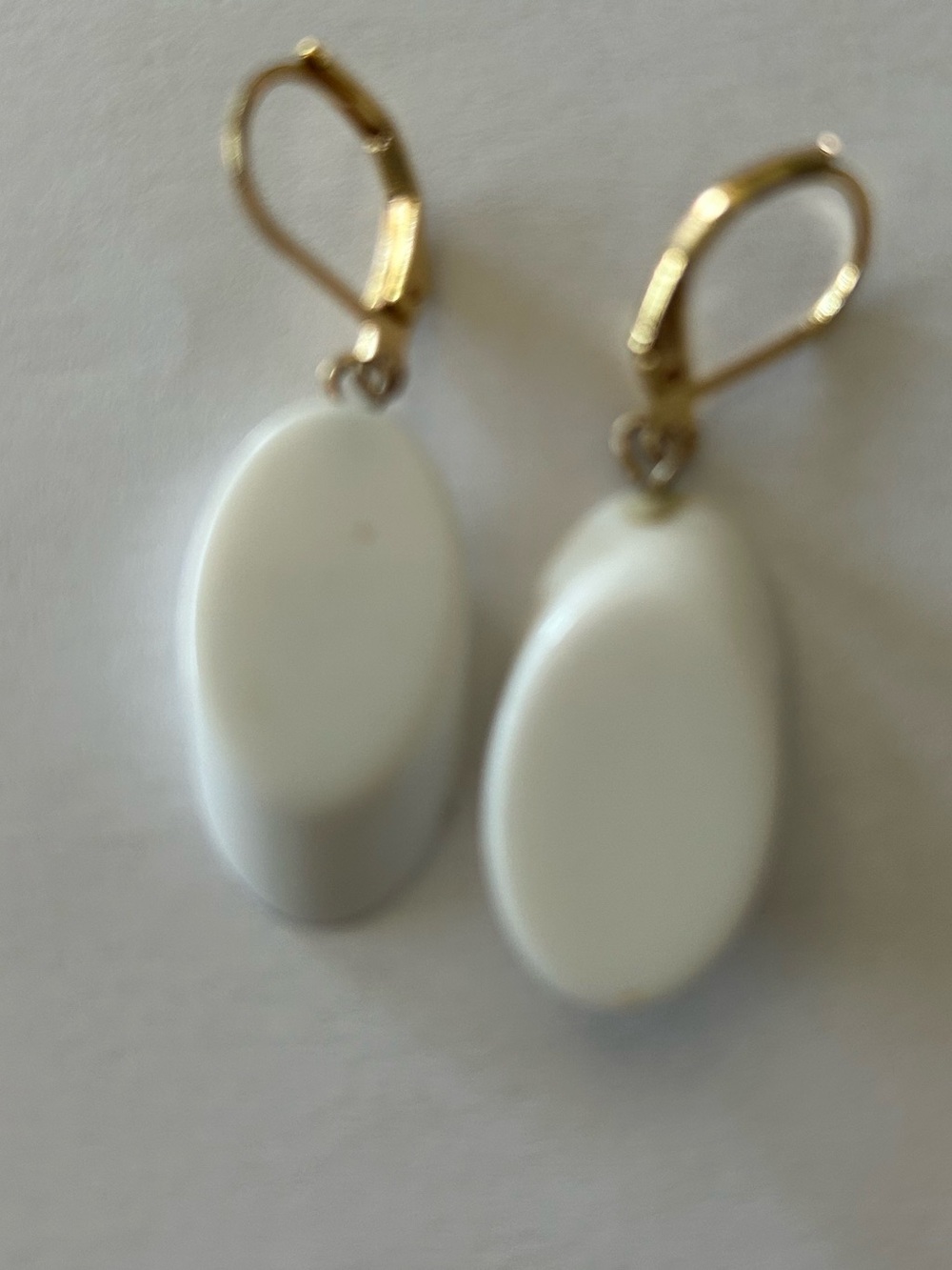 Gold Leverback White Oval Drop Earrings